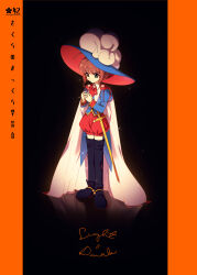 1girl black_background black_shoes blue_hat blue_jacket boots border brown_hair cape cardcaptor_sakura closed_mouth full_body gloves green_eyes hat highres jacket kinomoto_sakura kinomoto_sakura_(sakura_prince) long_sleeves looking_down medium_hair nzeneee orange_border page_number puffy_shorts red_shorts sheath sheathed shoes shorts solo standing sword thigh_boots thighhighs weapon white_gloves zettai_ryouiki