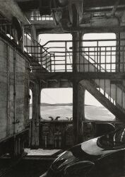 Rule 34 | box truck, car, graphite (medium), highres, horizon, ibsukionsen, industrial pipe, motor vehicle, no humans, original, railing, scenery, shadow, shore, sunlight, traditional media, truck, water
