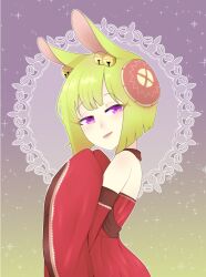 1girl animal_ears bare_shoulders bob_cut borrowed_character ear_bell from_side gallaxi gradient_background green_hair hair_ornament japanese_clothes kimono light_blush looking_at_viewer open_mouth original purple_eyes rabbit_ears red_kimono short_hair signature smile smug sparkle upper_body