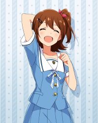 Rule 34 | 1girl, ^ ^, anime coloring, aqua background, aqua ribbon, aqua shirt, aqua skirt, arm up, blush, brown hair, closed eyes, collarbone, cowboy shot, drop shadow, facing viewer, hair ornament, hairclip, hand up, idolmaster, idolmaster million live!, idolmaster million live! theater days, kasuga mirai, looking at viewer, official art, one side up, open mouth, ribbon, sailor collar, shirt, short hair, skirt, smile, solo, standing, star (symbol), summer junior highschool (idolmaster), summer uniform series (idolmaster), white sailor collar