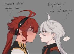 2girls ? ahoge asticassia_school_uniform black_hairband blush closed_eyes commentary_request english_text from_side green_jacket grey_background gundam gundam_suisei_no_majo hairband hasn&#039;t_kissed_anyone_ever_vs_expecting_a_kiss_with_tongue_(meme) jacket long_hair looking_at_another meme miorine_rembran multiple_girls open_mouth profile puckered_lips qnhuw red_hair school_uniform simple_background spoken_question_mark suletta_mercury vietnamese_commentary white_hair white_jacket yuri