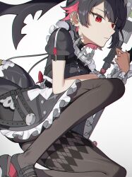 1girl apron black_hair black_pantyhose chyanu dress ellen_joe fins fish_tail frilled_apron frilled_dress frilled_wrist_cuffs frills highres holding holding_scissors holding_weapon maid maid_apron maid_headdress pantyhose parted_lips puffy_short_sleeves puffy_sleeves red_eyes red_hair scissors shark_girl shark_tail short_hair short_sleeves simple_background solo tail waist_apron weapon white_apron white_background wrist_cuffs zenless_zone_zero