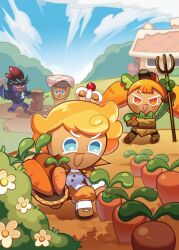 2girls 3boys blonde_hair blue_eyes carrot carrot_cookie character_request cloud commentary_request cookie_run cookie_run:_braverse cookie_run:_kingdom cookie_run:_ovenbreak crown custard_cookie_iii farm gingerbrave gingerbread_man holding house korean_commentary multiple_boys multiple_girls official_art orange_hair outdoors peperoncino_cookie peperoncino_cookie_(black_lava_blademaster) pikett_iv pitchfork prince short_hair sky strawberry_cookie twintails