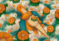 antennae blush_stickers clawed_feet claws closed_eyes cloud colored_skin creatures_(company) dragonite flower flying game_freak gen_1_pokemon gen_2_pokemon green_skin gyura lying nintendo on_back open_mouth orange_skin own_hands_together pokemon pokemon_(creature) skiploom sleeping sleeping_on_pokemon wings yellow_flower
