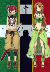 Rule 34 | 00s, 2girls, absurdres, aria (seiken no blacksmith), brown eyes, brown hair, cecily cambell, gloves, highres, long hair, multiple girls, official art, open mouth, ponytail, red eyes, red hair, seiken no blacksmith, smile, sword, weapon