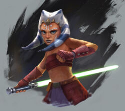 1girl ahsoka_tano alien blue_eyes chest_sarashi clenched_hands colored_skin energy_sword facial_mark fingerless_gloves gi_dela_cruz gloves green_lightsaber highres holding holding_sword holding_weapon lightsaber looking_at_viewer orange_skin red_gloves reverse_grip sarashi skirt solo star_wars sword togruta weapon