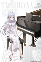 1girl angel_beats! character_name china_dress chinese_clothes dress full_body grand_piano grey_hair highres instrument kanda_done long_hair looking_at_viewer official_art piano piano_bench second-party_source shoes sitting solo tachibana_kanade white_dress white_shoes yellow_eyes