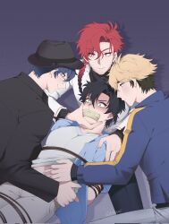 4boys bdsm black_eyes black_hair black_hat black_jacket black_shirt blonde_hair blue_jacket blue_shirt blush bondage bound braid braided_ponytail cheng_xiaoshi clothes_lift collared_shirt earrings gag gagged glasses hair_between_eyes hand_on_another&#039;s_face hand_on_another&#039;s_stomach hand_on_another&#039;s_waist hat highres improvised_gag jacket jewelry lifting_another&#039;s_clothes liu_xiao long_hair long_sleeves looking_at_another looking_at_viewer lying male_focus midriff midriff_peek multicolored_hair multiple_boys navel official_alternate_costume on_back open_clothes open_jacket pants purple_background purple_eyes purple_hair red_eyes red_hair restrained rope shiguang_dailiren shirt short_hair short_sleeves single_braid sleeves_past_wrists smile tape tape_gag tehqqi twitter_username two-tone_hair white_pants white_shirt xia_fei xiao_weiying yaoi yellow_eyes