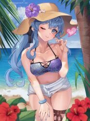 1girl beach bikini bikini_top_only black_ribbon blue_bikini blue_eyes blue_hair blush breasts cleavage commentary_request cowboy_shot day flower gotland_(kancolle) gotland_(swimsuit)_(kancolle) hair_ribbon hat hat_flower highres kantai_collection kozu_(bloomme1_me) large_breasts long_hair looking_at_viewer one_eye_closed outdoors parted_lips purple_flower ribbon short_shorts shorts solo swimsuit white_background white_shorts