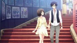 1boy 1girl belt_ribbon blunt_bangs blush bow brown_eyes brown_hair cardigan chain chaos;child chaos;child_love_chu_chu! clenched_hand collarbone collared_shirt dating dress floral_print_dress game_cg glasses grey_pants highres holding_hands light_blush looking_at_another miyashiro_takuru necktie non-web_source official_art on_stairs open_collar open_mouth pants print_dress sasaki_mutsumi sash shirt short_hair stairs sundress tachibana_yui thighs undone_necktie waist_sash white_sash white_shirt