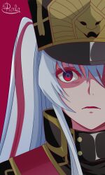 1girl absurdres altair_(re:creators) artist_name bags_under_eyes bib black_coat black_hat coat commentary despair english_commentary english_text furrowed_brow hair_between_eyes hat high_collar highres long_bangs long_hair long_sidelocks looking_at_viewer parted_lips portrait quelang re:creators red_eyes shaded_face shako_cap sidelocks signature solo twintails white_hair yellow_trim