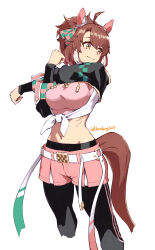 1girl animal_ears belt bow brown_hair closed_mouth dantsu_flame_(umamusume) ear_ribbon highres horse_ears horse_girl horse_tail looking_to_the_side midriff navel pink_shorts short_hair shorts simple_background solo tail tenkey2022 twitter_username umamusume white_background white_belt yellow_eyes