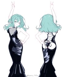 1girl ;) absurdres alternate_costume aqua_eyes aqua_hair arm_up ass backless_dress backless_outfit bare_arms bare_shoulders black_dress black_panties breasts cleavage closed_mouth commentary_request dress feet_out_of_frame formal_clothes hair_between_eyes hair_intakes hand_on_own_hip highres large_breasts long_dress long_hair looking_at_viewer multiple_views one_eye_closed one_side_up panties riddle_joker shikibe_mayu simple_background sleeveless sleeveless_dress smile standing twitter_username tyama_taka underwear v white_background
