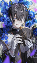 1boy bandages bandaid bandaid_on_face bandaid_on_neck bandaid_on_nose black_coat black_hair blue_eyes blue_flower blue_rose blush book coat commentary_request cross cross_necklace daisy earrings eyepatch flower gloves hands_up highres holding holding_book jewelry looking_at_viewer male_focus medical_eyepatch multiple_earrings nana_tetra necklace open_book open_mouth original outdoors rose short_hair smile solo upper_body vestments white_flower white_gloves white_rose