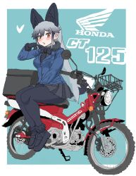 Rule 34 | 1girl, absurdres, animal ears, black fur, black gloves, black hair, black necktie, black pantyhose, black shirt, black shoes, black skirt, blue jacket, blush, collared shirt, extra ears, fox ears, fox girl, fox tail, fur trim, gloves, grey hair, hair between eyes, highres, honda, jacket, kemono friends, kumasyan1998, loafers, long hair, long sleeves, motor vehicle, motorcycle, multicolored hair, necktie, orange eyes, pantyhose, pleated skirt, shirt, shoes, sidelocks, silver fox (kemono friends), skirt, solo, tail