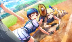 ball baseball baseball_(object) baseball_glove baseball_helmet baseball_stadium baseball_uniform belt bike_shorts_under_skirt black_belt black_gloves black_hair black_shorts black_undershirt blonde_hair blue_shirt blurry cinderella_series clenched_teeth depth_of_field drill_hair dust_cloud dutch_angle fingerless_gloves game_cg gloves grey_pants hachigatsu_no_cinderella_nine hair_ornament hairclip helmet highres holding holding_ball kousaka_tsubaki long_hair looking_at_another motion_blur motion_lines neckerchief non-web_source official_art one_eye_closed open_mouth outdoors pants pink_neckerchief playing_sports pleated_skirt red_eyes red_hair satogahama_baseball_uniform senba_ayako shinonome_ryo shirt shirt_under_shirt short_hair short_sleeves shorts skirt sleeveless sleeveless_shirt sliding speed_lines sportswear striped_belt striped_clothes striped_shirt teeth twin_drills umpire upper_teeth_only v-shaped_eyebrows vertical-striped_clothes vertical-striped_shirt wristband