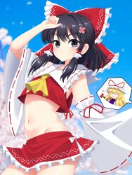2girls absurdres anger_vein ascot bare_shoulders black_eyes black_hair blue_sky bow cipher_(user_watm8555) cowboy_shot crop_top detached_sleeves flat_chest frilled_bow frilled_hair_tubes frills groin hair_bow hair_tubes hakurei_reimu highres japanese_clothes long_sleeves medium_hair midriff_peek miko multiple_girls navel outdoors red_bow red_ribbon red_skirt ribbon ribbon-trimmed_sleeves ribbon_trim shirt sidelocks skirt sky sleeveless sleeveless_shirt stomach touhou white_sleeves wide_sleeves yakumo_yukari yellow_ascot