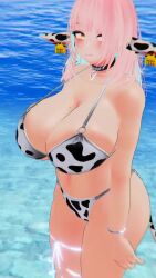 1girl 3d animated aqua_hair bikini bouncing_breasts breasts cleavage cornelia_vr cow_print cow_print_bikini curvy highres huge_breasts pink_hair print_bikini solo swimsuit tagme thighs video vrchat wide_hips yellow_eyes