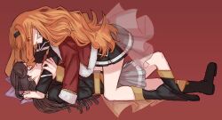 Rule 34 | 2girls, belt, black boots, black hairband, black jacket, blonde hair, boots, brown hair, commentary, epaulettes, grey skirt, hair ribbon, hairband, jacket, kumabehaso, long hair, multiple girls, open mouth, pleated skirt, profile, purple ribbon, red background, red jacket, ribbon, saijou claudine, shoujo kageki revue starlight, simple background, skirt, straddling, tendou maya, yuri