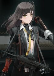 1girl absurdres black_jacket black_skirt breasts brown_eyes brown_hair commentary_request dated feet_out_of_frame gbobo girls&#039;_frontline girls&#039;_frontline_2:_exilium glowing glowing_eyes green_pupils gun h&amp;k_ump hand_in_own_hair highres holding holding_gun holding_weapon id_card jacket leva_(girls&#039;_frontline_2) long_hair looking_at_viewer mechanical_arms necktie open_clothes open_jacket open_mouth open_shirt parted_lips scar scar_across_eye scar_on_face shirt side_ponytail single_mechanical_arm skirt small_breasts solo standing submachine_gun ump45_(girls&#039;_frontline) weapon white_shirt yellow_necktie