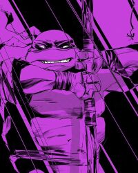 1boy bad_link donatello_(tmnt) duss005 holding holding_weapon looking_at_viewer male_focus mask mouth_mask ninja ninja_mask purple_background simple_background staff teenage_mutant_ninja_turtles teeth turtle_boy upper_body weapon wooden_staff