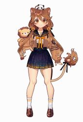 1girl animal animal_ear_fluff animal_ears animal_on_head black_sailor_collar black_skirt blush brown_eyes brown_hair brown_jacket brown_shoes character_name closed_mouth commentary_request constellation_print fingernails flower full_body hair_between_eyes hair_flower hair_ornament highres holding holding_stuffed_toy jacket lion_ears lion_tail long_hair long_sleeves nail_polish official_art on_head open_clothes open_jacket orange_nails panda pleated_skirt puffy_long_sleeves puffy_sleeves re:act sailor_collar sakura_yuki_(clochette) shishigami_leona shoes simple_background skirt sleeves_past_wrists smile socks solo standing stuffed_animal stuffed_lion stuffed_toy sunflower sunflower_hair_ornament tail white_background white_socks