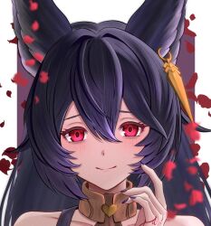 1girl animal_ear_piercing animal_ears bare_shoulders black_hair black_nails choker closed_mouth commentary_request erune granblue_fantasy hair_between_eyes hilda_sakura light_blush light_smile long_hair looking_at_viewer nail_polish nier_(granblue_fantasy) petals piercing portrait purple_background red_eyes simple_background solo white_background