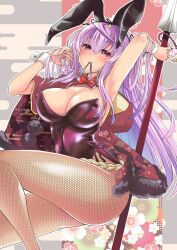 Rule 34 | 1girl, animal ears, armpits, bare shoulders, blush, breasts, cleavage, closed mouth, fishnet thighhighs, fishnets, highres, holding, holding weapon, japanese clothes, kimono, large breasts, leotard, long hair, playboy bunny, polearm, purple hair, rabbit ears, red eyes, ribbon, sengoku bushouki muramasa, shinjitsu (true ride), smile, solo, spear, thighhighs, thighs, toudou takatora (sengoku bushouki muramasa), weapon