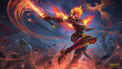 Rule 34 | 1girl, 4boys, absurdres, amaterasu (house phoenix) (smite), amaterasu (smite), armor, bird, english text, fire, flaming sword, flaming weapon, green eyes, highres, holding, holding sword, holding weapon, logo, multiple boys, official alternate costume, official art, open mouth, pauldrons, phoenix, shoulder armor, smite, solo focus, sword, weapon
