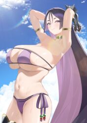 1girl absurdres arm_guards armlet armpits arms_behind_head arms_up bare_shoulders beads bikini black_gloves blue_sky blush breasts choker cleavage collarbone elbow_gloves eyepatch_bikini fate/grand_order fate_(series) fingerless_gloves gloves highres jewelry kurozawa_yui large_breasts long_hair looking_at_viewer minamoto_no_raikou_(fate) minamoto_no_raikou_(fate/grand_order) minamoto_no_raikou_(swimsuit_lancer)_(fate) navel parted_bangs purple_bikini purple_eyes purple_hair single_glove sky smile solo swimsuit thighs very_long_hair wet