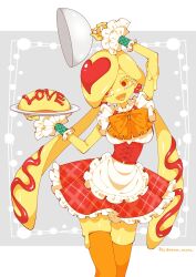 Rule 34 | 1girl, apron, arm above head, arm up, armlet, artist name, atann nnata, blonde hair, bow, breasts, colored skin, commentary, corset, dark skin, dated, dress, eyelashes, food, food writing, frilled apron, frilled bow, frilled dress, frilled wristband, frills, hair bobbles, hair ornament, head tilt, heart, highres, holding, holding plate, jewelry, ketchup, long hair, looking at food, looking to the side, medium breasts, monster girl, multicolored hair, omelet, omurice, open mouth, orange bow, orange thighhighs, original, plaid clothes, plaid dress, plate, red corset, red dress, red hair, serving dome, sleeveless, sleeveless dress, slime girl, smile, solo, standing, thighhighs, twintails, twitter username, two-tone hair, very long hair, waist apron, white apron, yellow eyes, yellow skin, zettai ryouiki