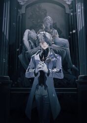 1boy angel_wings cathedral coat feathered_wings gloves gold_halo haku_ris halo halo_behind_head hashtag-only_commentary head_wings highres honkai:_star_rail honkai_(series) interlocked_fingers long_coat male_focus medium_hair multiple_wings one_eye_covered own_hands_together pillar raised_inner_eyebrows solo spiked_halo standing statue sunday_(honkai:_star_rail) white_coat white_gloves white_hair wings yellow_eyes