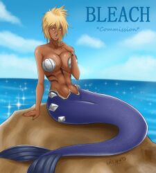 1girl artist_name bare_shoulders bleach blonde_hair blue_sky bracelet breasts collarbone colored_eyelashes commission dark-skinned_female dark_skin espada facial_mark female_focus green_eyes ivizard_art93 jewelry large_breasts medium_hair mermaid monster_girl ocean parted_lips rock seashell shell shell_bra sitting sitting_on_rock sky teeth tier_harribel water