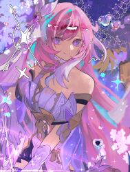 Rule 34 | 1girl, bare shoulders, breasts, corset, diamond-shaped pupils, diamond (shape), elysia (herrscher of human: ego) (honkai impact), elysia (honkai impact), hashtag-only commentary, heart, highres, honkai (series), honkai impact 3rd, long hair, medium breasts, pink hair, purple background, purple eyes, smile, solo, symbol-shaped pupils, triquetra, veil, very long hair, white corset, white veil, x431788