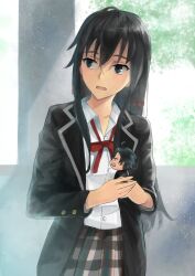 1boy 1girl ahoge angry black_hair black_jacket blazer blue_eyes chibi commentary hair_between_eyes highres hikigaya_hachiman jacket long_hair open_mouth reiquant school_uniform sharp_teeth shirt short_hair skirt teeth white_shirt yahari_ore_no_seishun_lovecome_wa_machigatteiru. yukinoshita_yukino