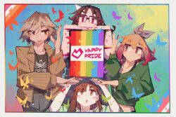 Rule 34 | 4girls, black nails, blonde hair, bow, brown eyes, brown hair, brown nails, bug, butterfly, closed mouth, earrings, glasses, hair bow, highres, insect, jewelry, lesbian flag, lgbt pride, multiple girls, open mouth, original, pink eyes, pink hair, pink nails, short hair, sweater, togekk0, transgender flag