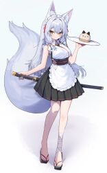 1girl animal_ear_fluff animal_ears apron bandages bandaid bandaid_on_knee bandaid_on_leg bell black_sandals black_skirt commentary cupcake double-parted_bangs expressionless food fox_ears fox_girl fox_tail full_body hair_bell hair_between_eyes hair_ornament hand_on_hilt highres holding holding_plate jingle_bell katana large_tail legs long_hair maid_headdress miniskirt moti_yousei original plate pleated_skirt sandals sheath sheathed skirt solo sword tail very_long_hair weapon white_apron white_background white_hair yellow_eyes