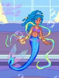 1girl absurdres bikini bubble day hair_ornament highres long_hair mermaid monster_girl navel non-web_source open_mouth original smile swimsuit