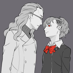 1boy 1girl beard_stubble bow bowtie brown_hair buttons commentary_request face-to-face facial_hair formal_clothes gekkoukan_high_school_uniform glasses grey_background hair_ornament hairclip ikutsuki_shuuji ine_(goin) jacket long_hair looking_at_another looking_down looking_up partially_colored persona persona_3 persona_3_portable ponytail red_bow red_eyes school_uniform shiomi_kotone smile stubble suit turtleneck upper_body