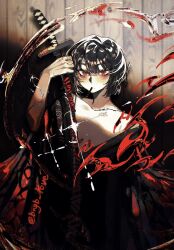 1girl black_background black_hair black_kimono bngb_love bob_cut cigarette highres holding holding_sword holding_weapon japanese_clothes kimono limbus_company looking_at_viewer off_shoulder project_moon red_eyes ryoshu_(project_moon) short_hair simple_background smoking solo standing sword upper_body weapon