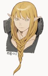 Rule 34 | 1boy, akaneko (redakanekocat), black shirt, blonde hair, braid, character name, closed mouth, collar, collarbone, front braid, high collar, highres, long hair, looking at viewer, male focus, pixiv fantasia, pixiv fantasia last saga, pointy ears, sanpaku, shirt, simple background, solo, white background