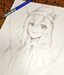 Rule 34 | 1girl, arms up, art tools in frame, beanie, blush, commentary request, gasuri govan, graphite (medium), greyscale, hair between eyes, hat, looking at viewer, monochrome, sketch, solo, tongue, tongue out, traditional media, yamanouchi kano, yoru no kurage wa oyogenai