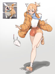 1girl absurdres azz0422 blonde_hair blush breasts commentary dog highres jacket motion_lines open_clothes open_jacket open_mouth orange_jacket orange_shorts original personification photo_inset running shirt shorts solo speed_lines spill sweat teeth upper_teeth_only welsh_corgi white_shirt