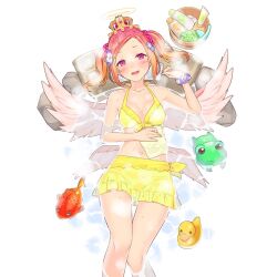 1girl ama_mitsuki angel_wings asymmetrical_bangs baby_animal bikini bikini_skirt bird chick frog gabriella_(uchihime) halo koi multicolored_hair onsen orange_hair pink_eyes pink_hair short_hair short_twintails swimsuit twintails uchi_no_hime-sama_ga_ichiban_kawaii water wings yellow_bikini