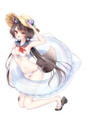1girl animal_ear_fluff animal_ears arm_up bare_arms bare_legs bare_shoulders beliatan bikini blue_sailor_collar bow breasts brown_hair cat_ear_bikini commentary fang flower fox_ears fox_girl fox_tail frilled_bikini frills hair_bow hat hat_flower highres holding holding_swim_ring innertube long_hair looking_at_viewer medium_breasts navel open_mouth original red_eyes sailor_collar salute simple_background skin_fang solo straw_hat swim_ring swimsuit symbol-only_commentary tail white_background white_bikini