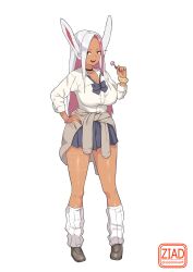 Rule 34 | 1girl, alternate hair color, animal ears, artist name, black choker, blue bow, blue bowtie, blue skirt, boku no hero academia, bow, bowtie, breasts, brown scrunchie, brown shoes, candy, choker, cleavage, clothes around waist, collarbone, collared shirt, colored inner hair, commentary, dark-skinned female, dark skin, english commentary, fake nails, food, full body, gyaru, hand on own hip, highres, holding, holding candy, holding food, holding lollipop, large breasts, lollipop, long eyelashes, long hair, looking at viewer, loose bowtie, loose socks, mirko, multicolored hair, open mouth, parted bangs, pink hair, pink nails, pleated skirt, rabbit ears, rabbit girl, red eyes, scrunchie, shirt, shoes, simple background, skirt, smile, socks, solo, sweater, sweater around waist, teeth, thighs, twitter username, two-tone hair, upper teeth only, very long hair, watermark, white background, white hair, white shirt, wrist scrunchie, ziadessart