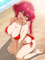 1girl absurdres all_fours alternate_costume ass bare_arms bare_legs bare_shoulders barefoot beach between_legs bikini breasts cleavage collarbone commentary_request day feet gold_trim hair_ribbon halterneck hand_between_legs heterochromia highres hikinomiya_komori_(artist) hololive houshou_marine large_breasts light_rays long_hair looking_at_viewer nail_polish o-ring o-ring_bikini o-ring_top open_mouth outdoors red_bikini red_eyes red_hair ribbon shadow side-tie_bikini_bottom smile soles solo strap_gap string_bikini sunbeam sunlight swimsuit thighs toes twintails v_arms virtual_youtuber white_nails yellow_eyes