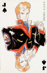 1980s_(style) 1boy blonde_hair blue_scarf card card_(medium) gundam highres jack_(playing_card) jack_of_spades jerid_messa looking_at_viewer magazine_scan male_focus military military_uniform official_art oldschool poker pompadour promotional_art retro_artstyle scan scarf spade_(shape) titans_(gundam) traditional_media translation_request yasuhiko_yoshikazu zeta_gundam