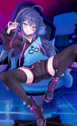 1girl absurdres bird-perch black_boots black_shorts black_thighhighs blue_hair blue_nails boots breasts chair commission gaming_chair highres hood hoodie indie_virtual_youtuber long_hair mugen_mochi nail_polish pixiv_commission shorts sitting small_breasts solo spread_legs star_sticker swivel_chair thighhighs twintails very_long_hair virtual_youtuber