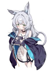 1girl 2t_(vmyz7342) animal_ear_fluff animal_ears arknights black_gloves book cat_ears cat_girl cat_tail closed_mouth cropped_legs dress fingerless_gloves gloves green_eyes grey_hair highres holding holding_book long_hair looking_at_viewer rosmontis_(arknights) simple_background solo tail thick_eyelashes white_background white_dress